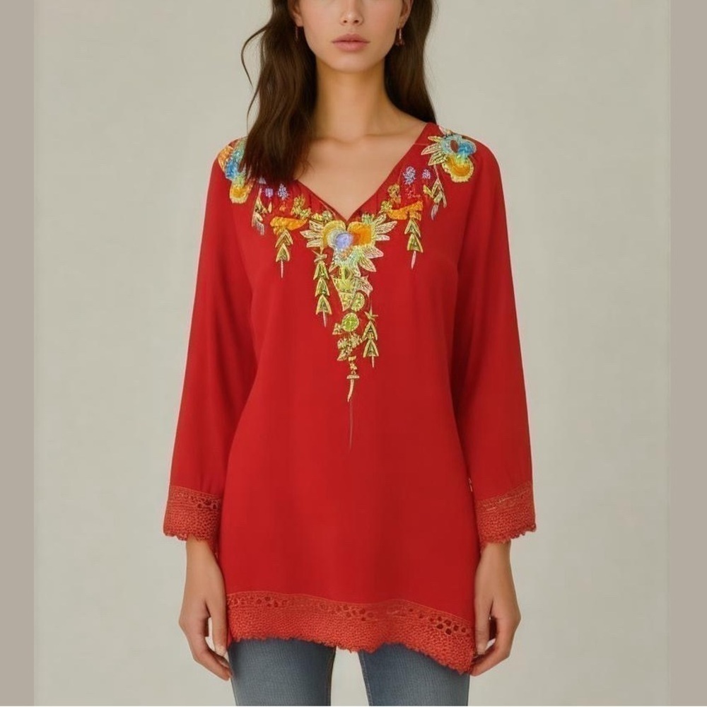 Anandas Collection Red Embroidered Short Dress - Size Medium